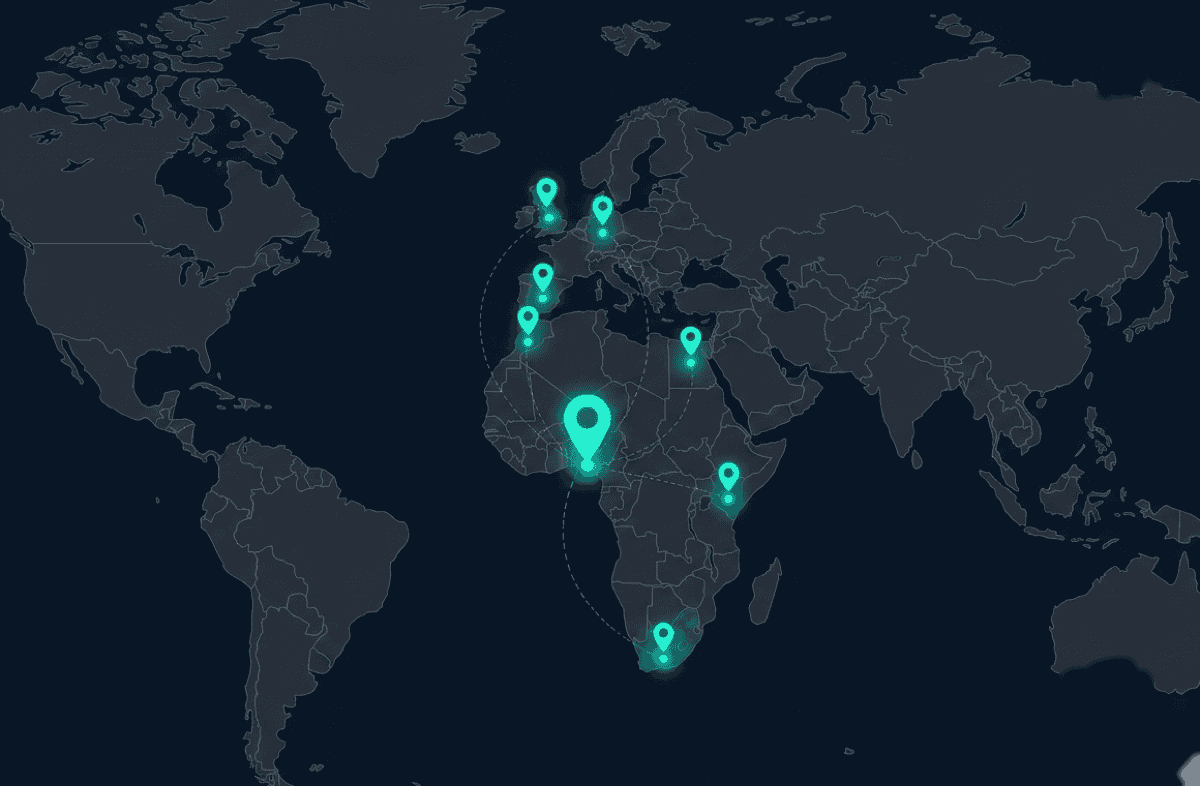 Map showing Coderex international presence across Nigeria, UK, South Africa, Kenya, Morocco, Egypt, Germany, and Spain